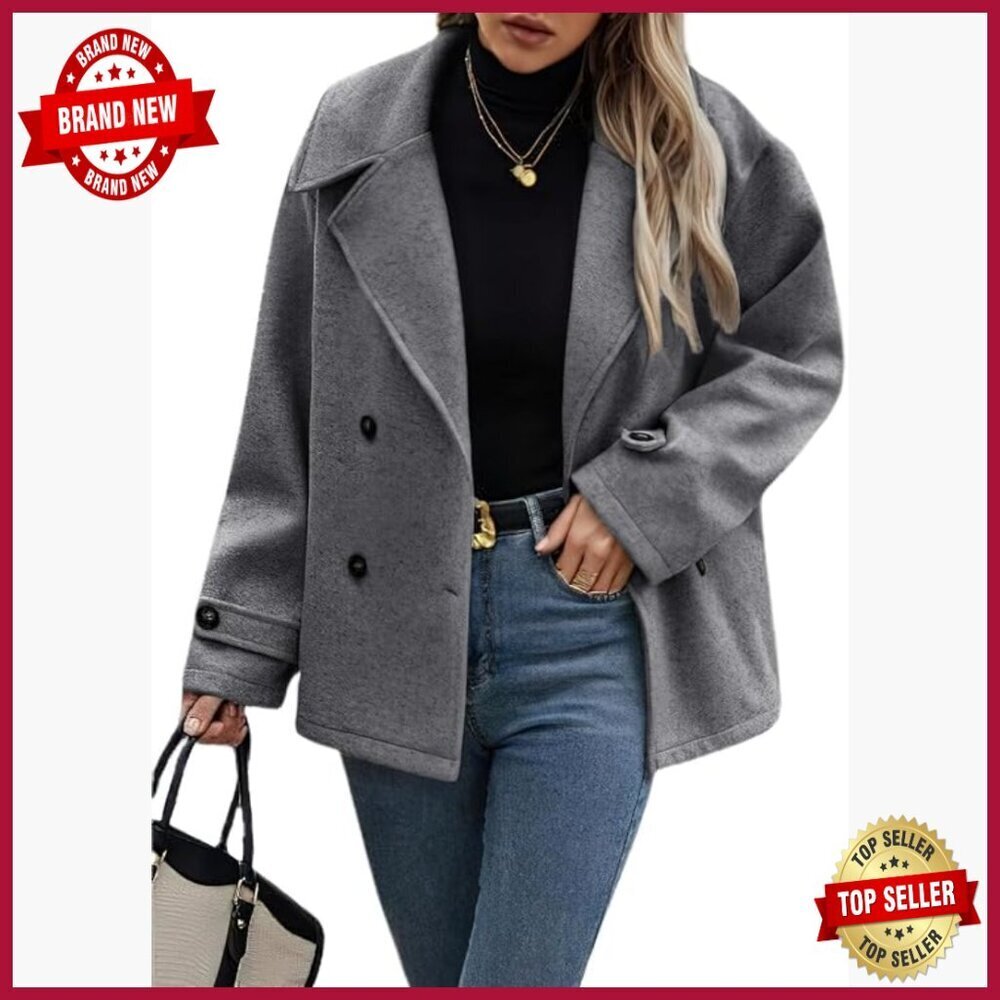 Wool Blend Cropped Pea Coat Blazer Double Breasted Loose Fit Winter